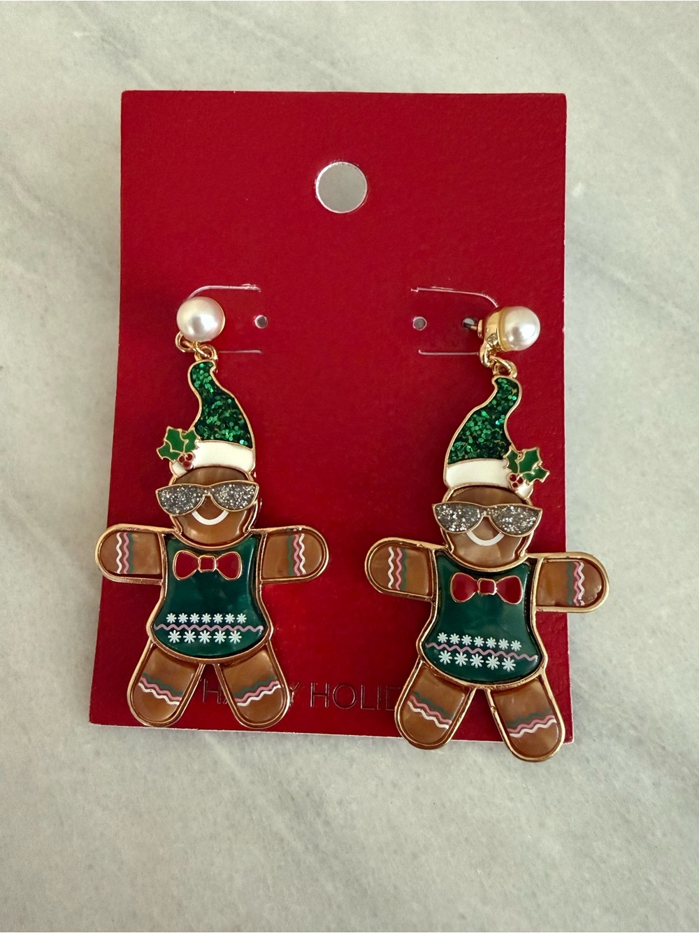 Holiday Gingerbread Kids Drop Earrings - Green and Brown
